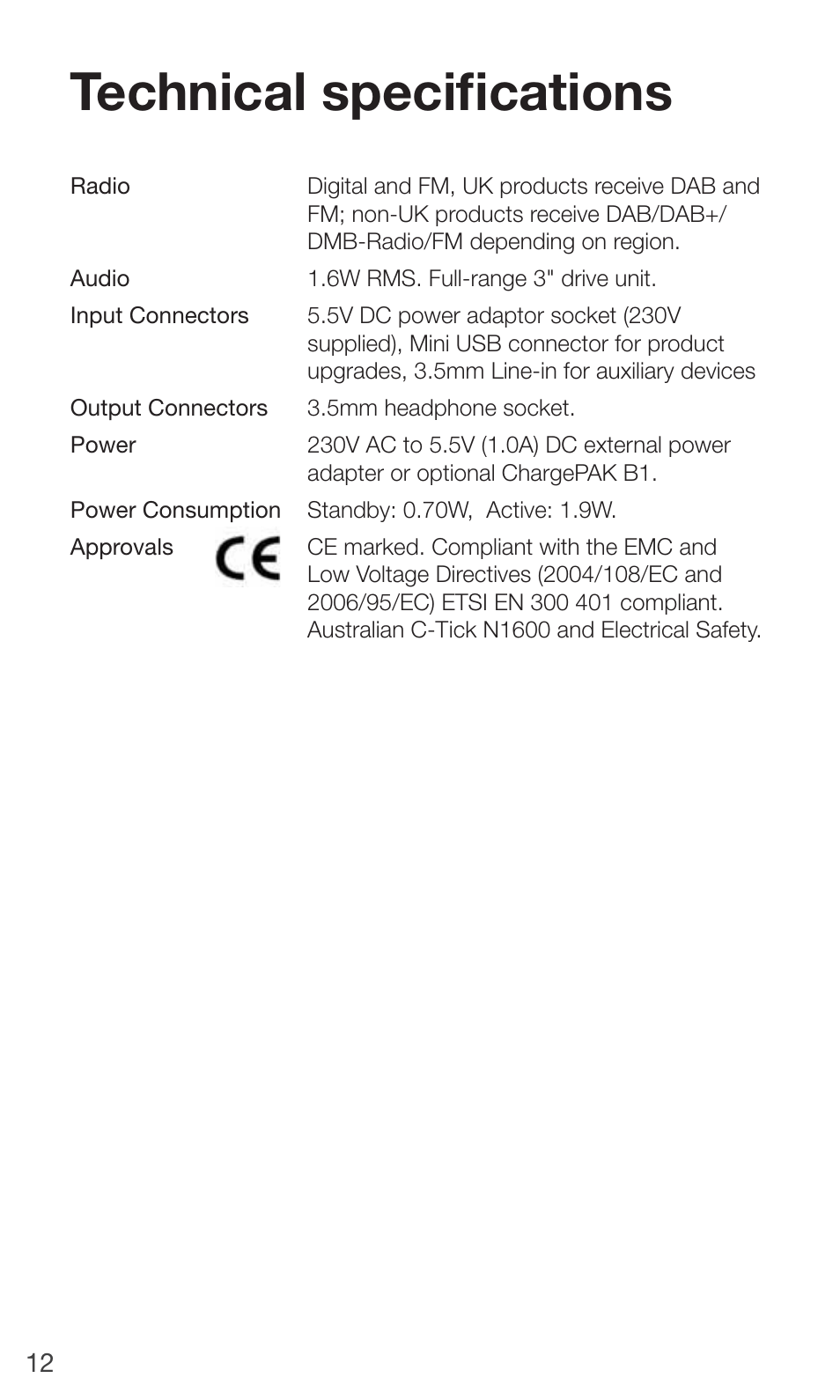 Technical speciﬁcations | Pure ONE Mini/ONE Mini Series 2 - User Guide User Manual | Page 14 / 16