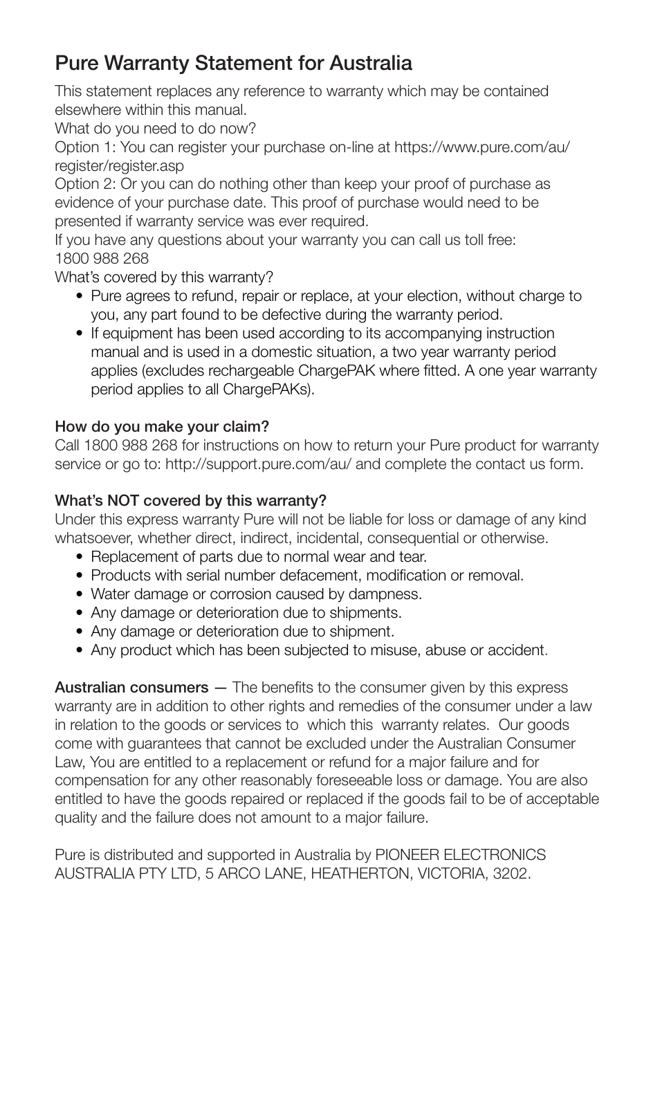 Pure warranty statement for australia | Pure ONE Mini/ONE Mini Series 2 - User Guide User Manual | Page 2 / 16