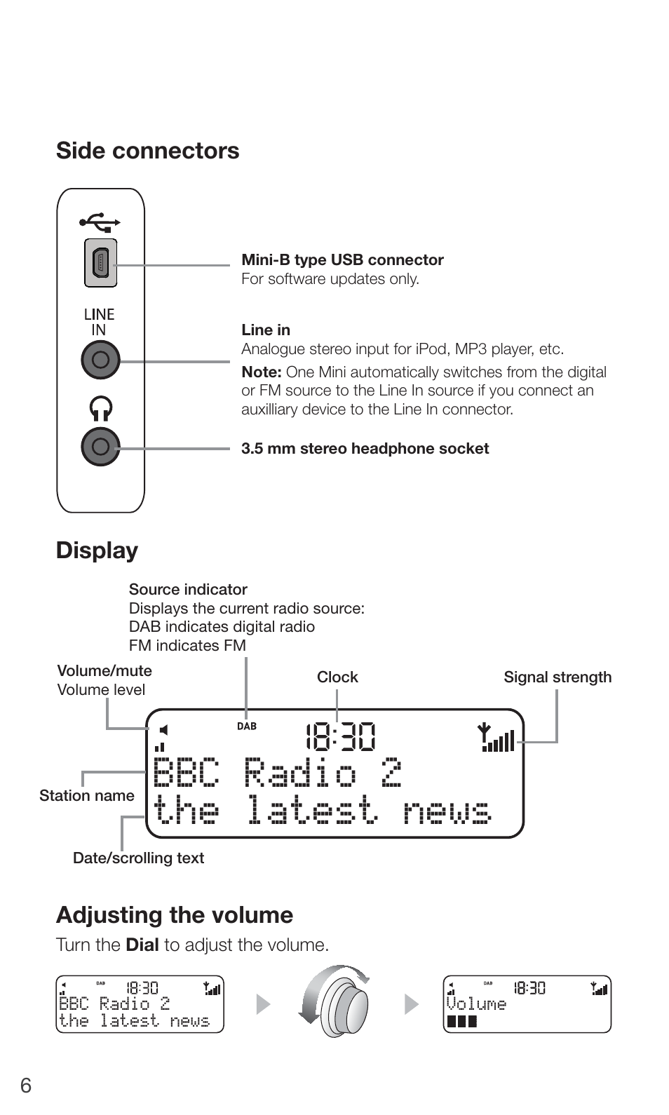 The latest news bbc radio 2, Side connectors, Adjusting the volume | Display | Pure ONE Mini/ONE Mini Series 2 - User Guide User Manual | Page 8 / 16