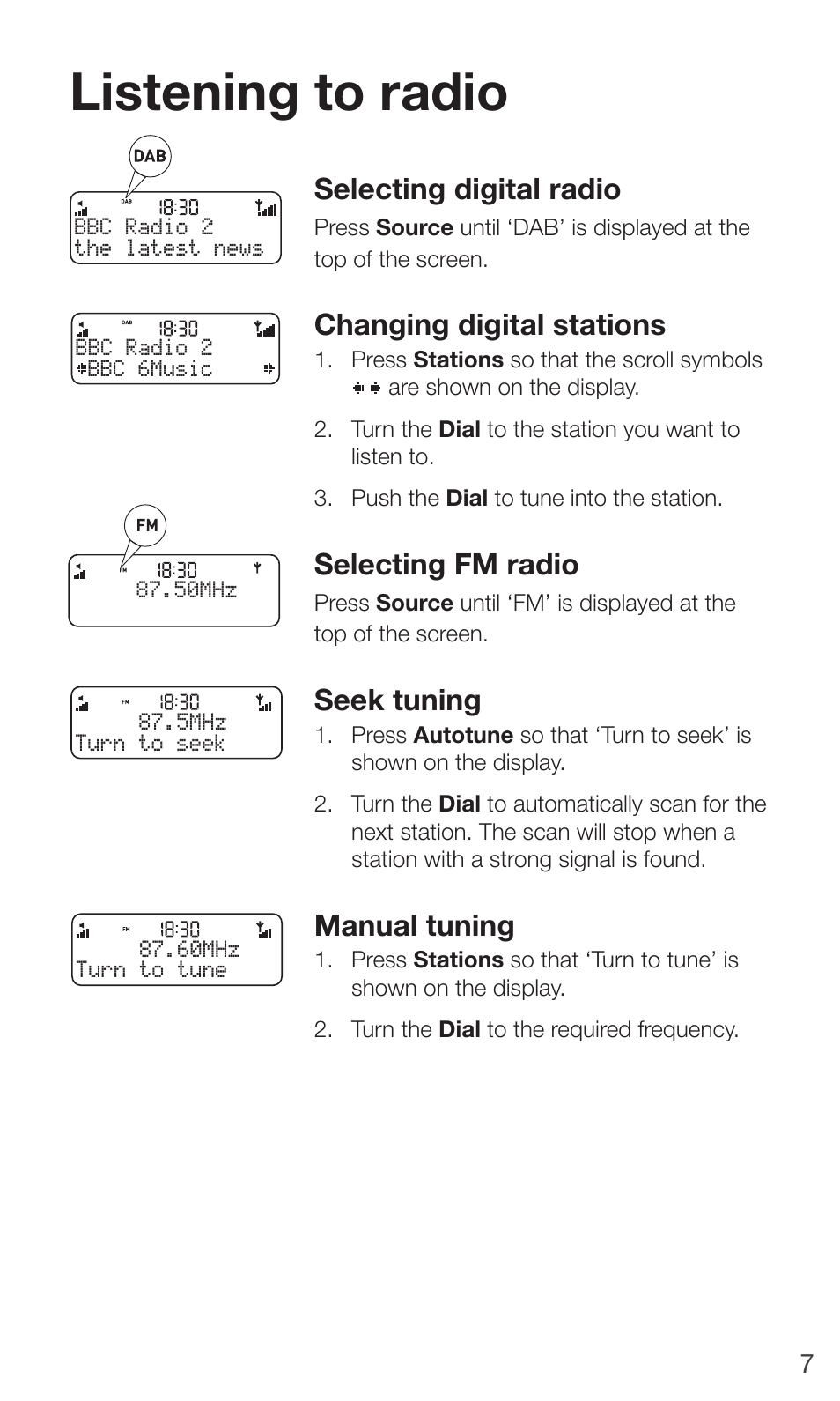 Listening to radio, Selecting digital radio, Changing digital stations | Selecting fm radio, Seek tuning, Manual tuning | Pure ONE Mini/ONE Mini Series 2 - User Guide User Manual | Page 9 / 16
