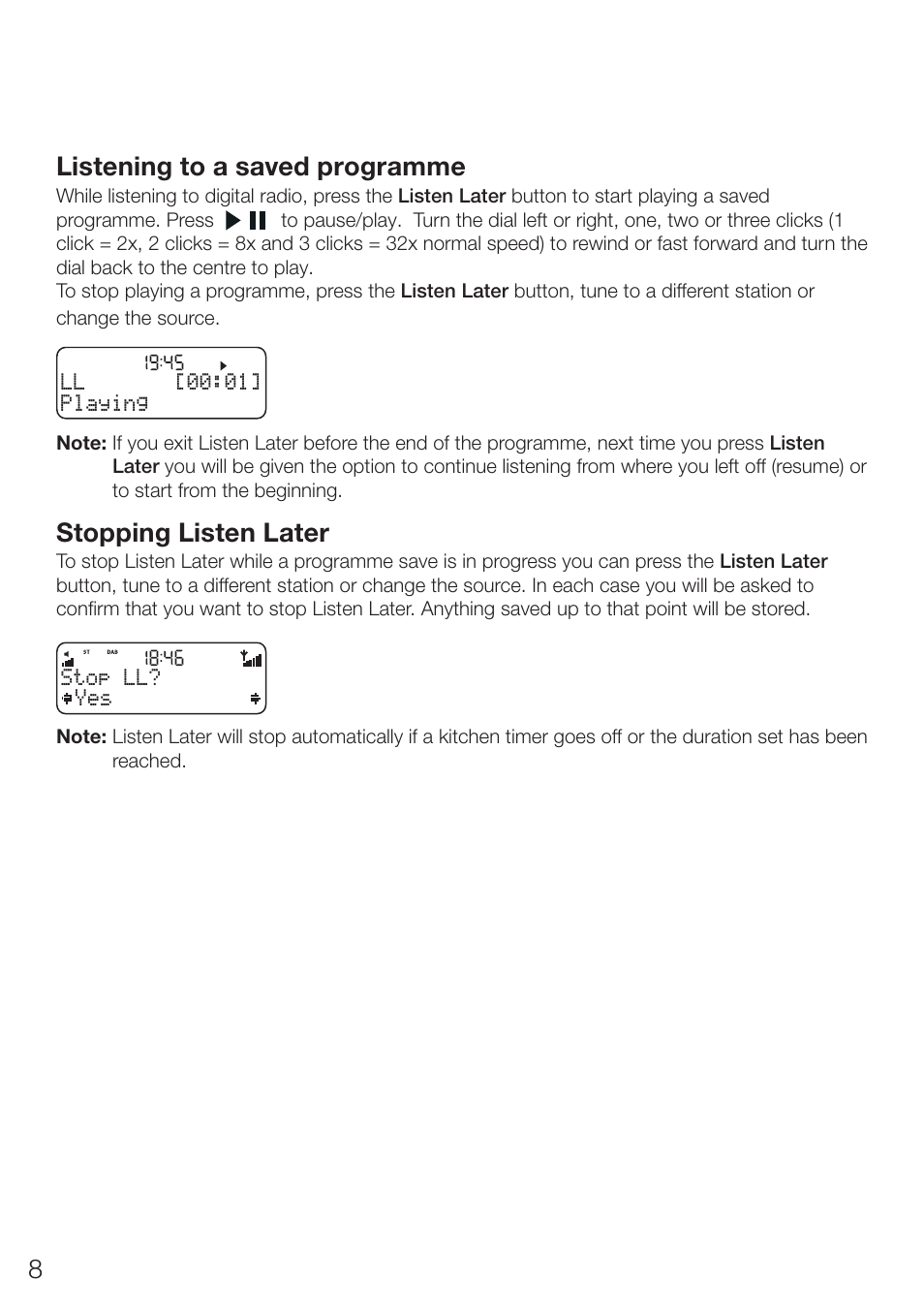 8listening to a saved programme, Stopping listen later | Pure ONE Elite Series 2 User Manual | Page 12 / 20