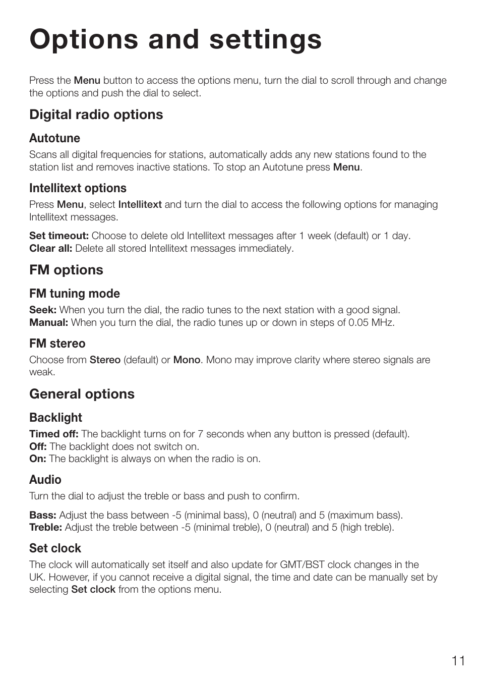 Options and settings, Digital radio options, Fm options | General options | Pure ONE Elite Series 2 User Manual | Page 15 / 20