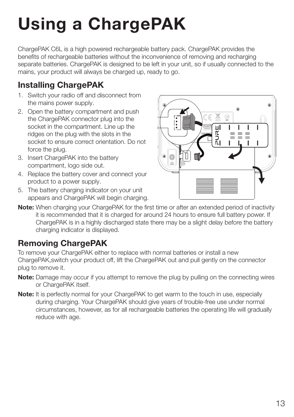 Using a chargepak, Installing chargepak, Removing chargepak | Pure ONE Elite Series 2 User Manual | Page 17 / 20