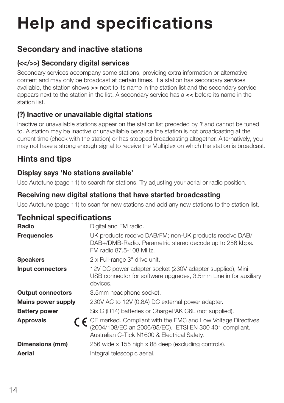 Help and specifications, Secondary and inactive stations, Hints and tips | Technical specifications | Pure ONE Elite Series 2 User Manual | Page 18 / 20