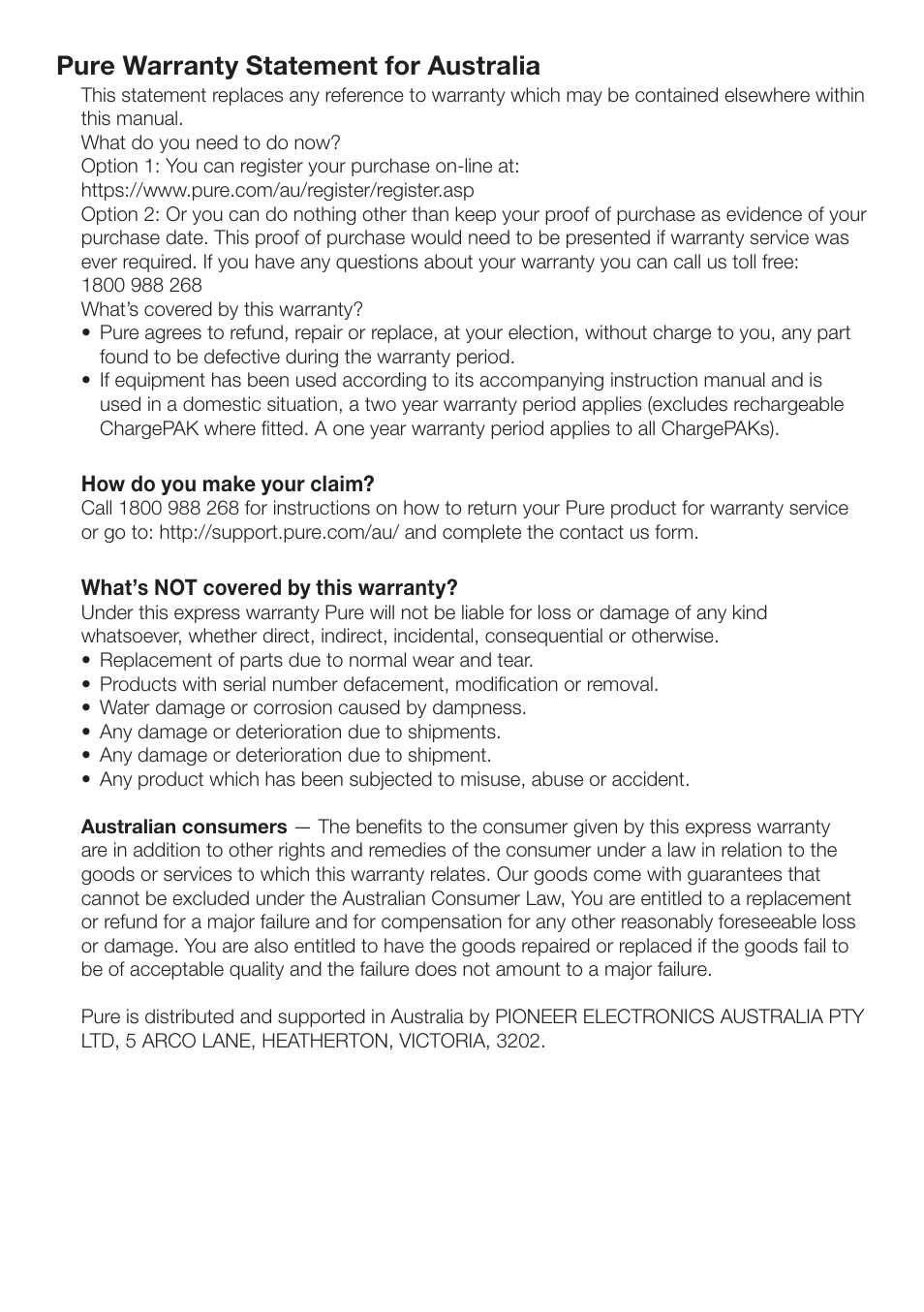 Pure warranty statement for australia | Pure ONE Elite Series 2 User Manual | Page 2 / 20