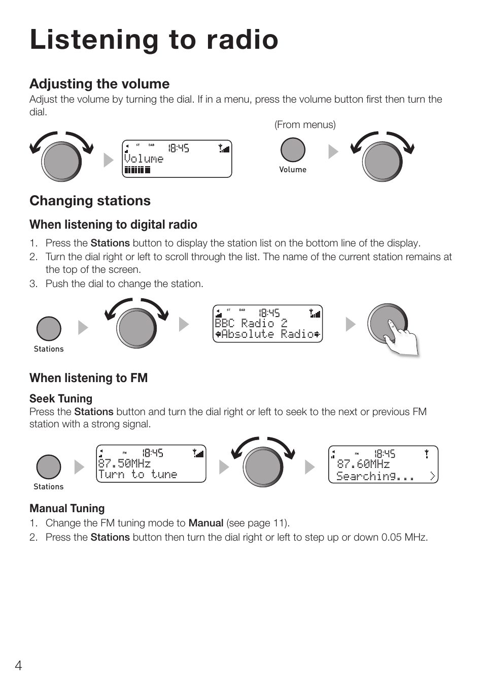 Listening to radio, Adjusting the volume, Changing stations | When listening to digital radio, When listening to fm, Volume, Absolute radio bbc radio 2 | Pure ONE Elite Series 2 User Manual | Page 8 / 20