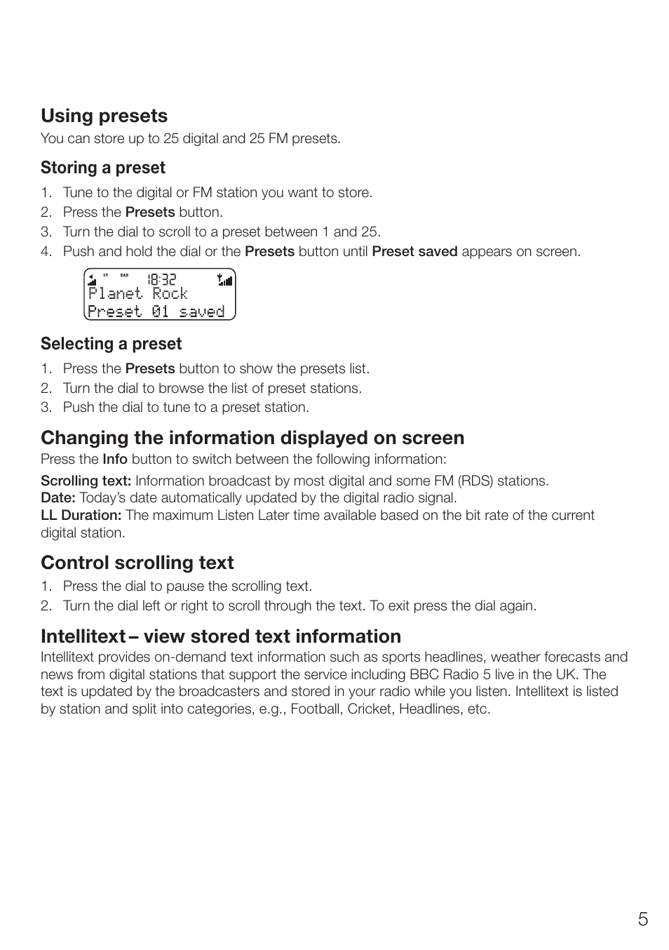5using presets, Changing the information displayed on screen, Control scrolling text | Intellitext, View stored text information | Pure ONE Elite Series 2 User Manual | Page 9 / 20