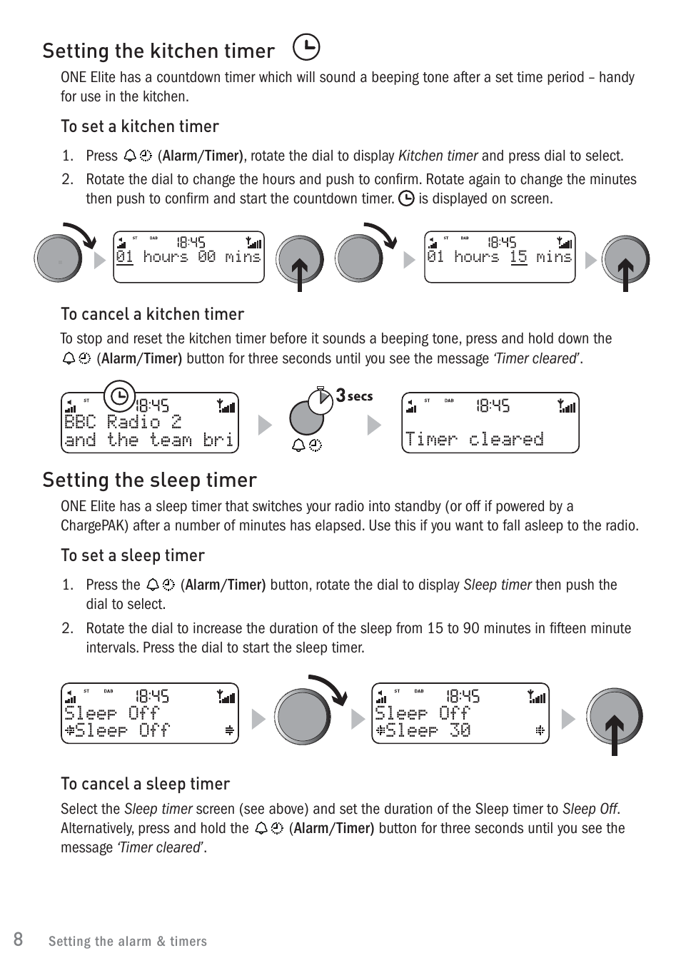 Setting the kitchen timer, Setting the sleep timer | Pure ONE Elite User Manual | Page 10 / 16