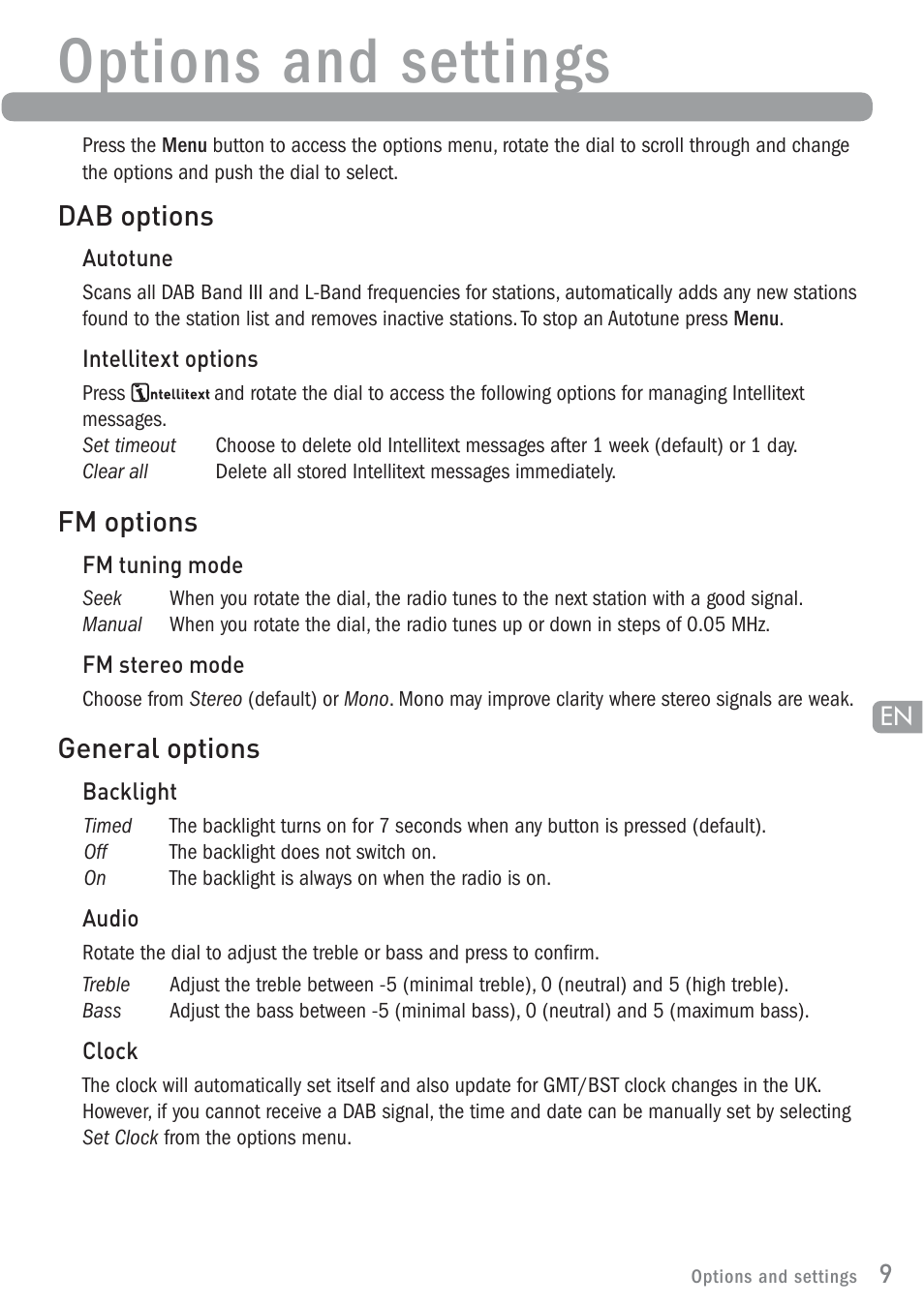 Options and settings, Dab options, Fm options | General options | Pure ONE Elite User Manual | Page 11 / 16