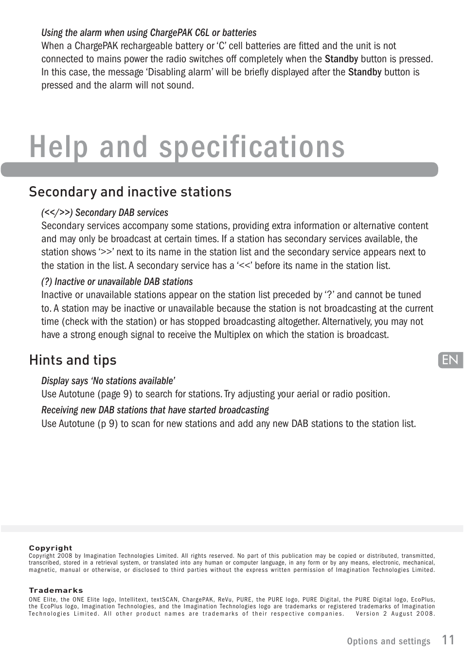 Help and specifications, Secondary and inactive stations, Hints and tips | Pure ONE Elite User Manual | Page 13 / 16