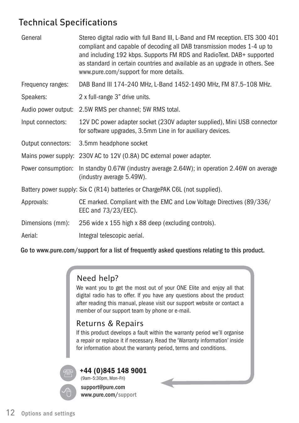 Technical specifications | Pure ONE Elite User Manual | Page 14 / 16