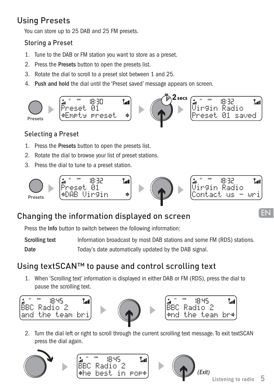Using presets, Changing the information displayed on screen | Pure ONE Elite User Manual | Page 7 / 16