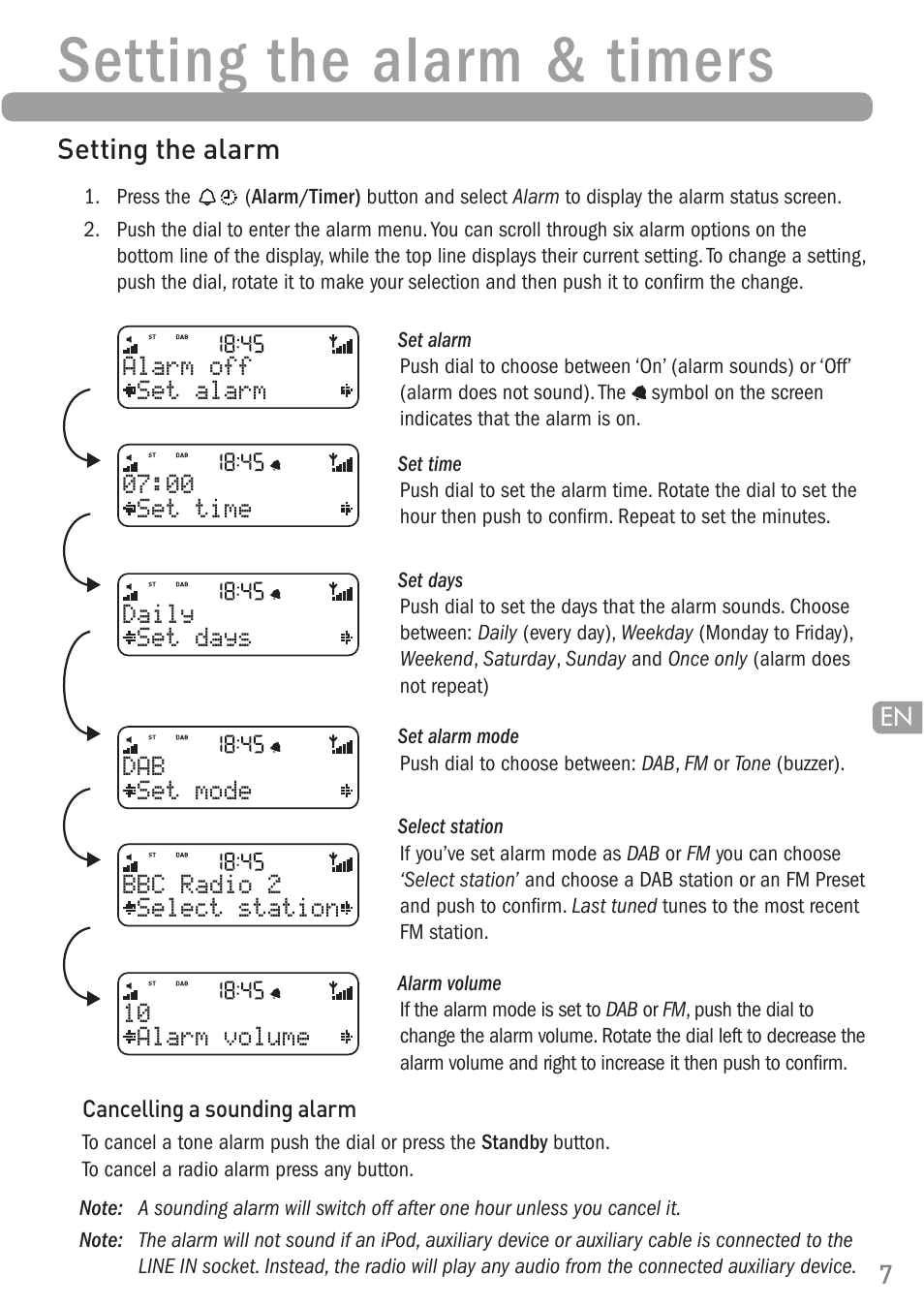 Setting the alarm & timers, Setting the alarm | Pure ONE Elite User Manual | Page 9 / 16