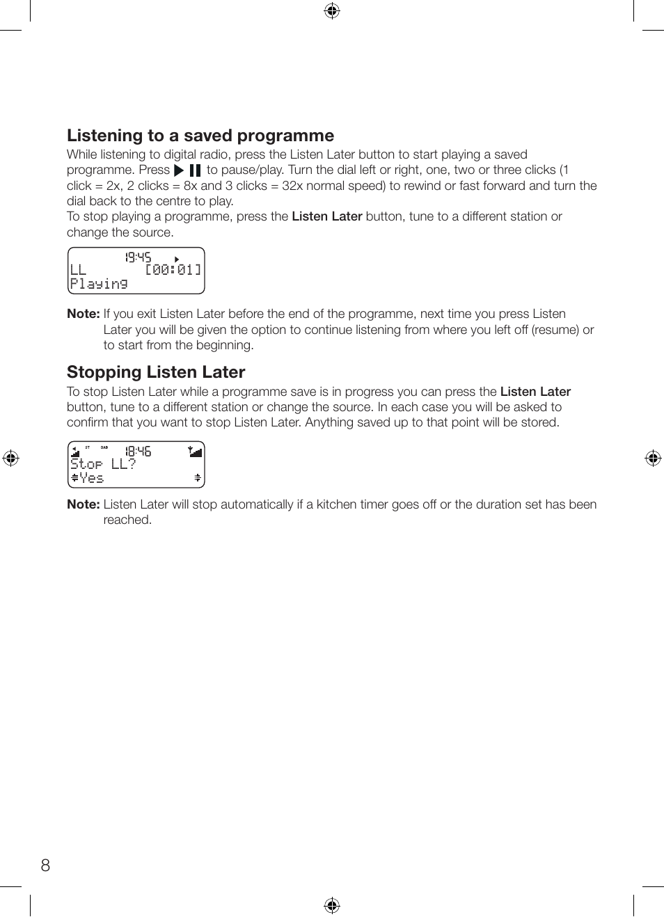 8listening to a saved programme, Stopping listen later | Pure ONE Classic Series 2 User Manual | Page 12 / 20