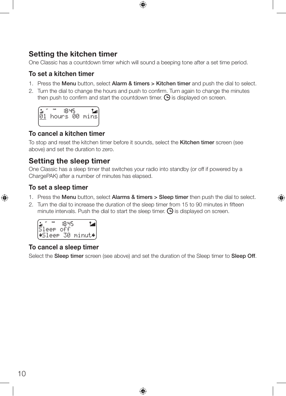 10 setting the kitchen timer, Setting the sleep timer | Pure ONE Classic Series 2 User Manual | Page 14 / 20