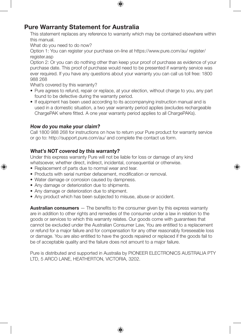 Pure warranty statement for australia | Pure ONE Classic Series 2 User Manual | Page 2 / 20
