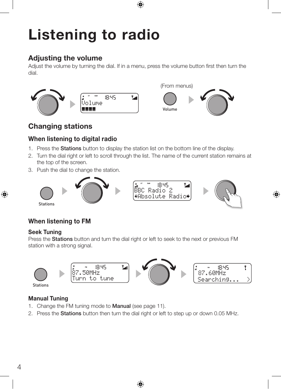 Listening to radio, Adjusting the volume, Changing stations | When listening to digital radio, When listening to fm, Absolute radio bbc radio 2, Volume | Pure ONE Classic Series 2 User Manual | Page 8 / 20