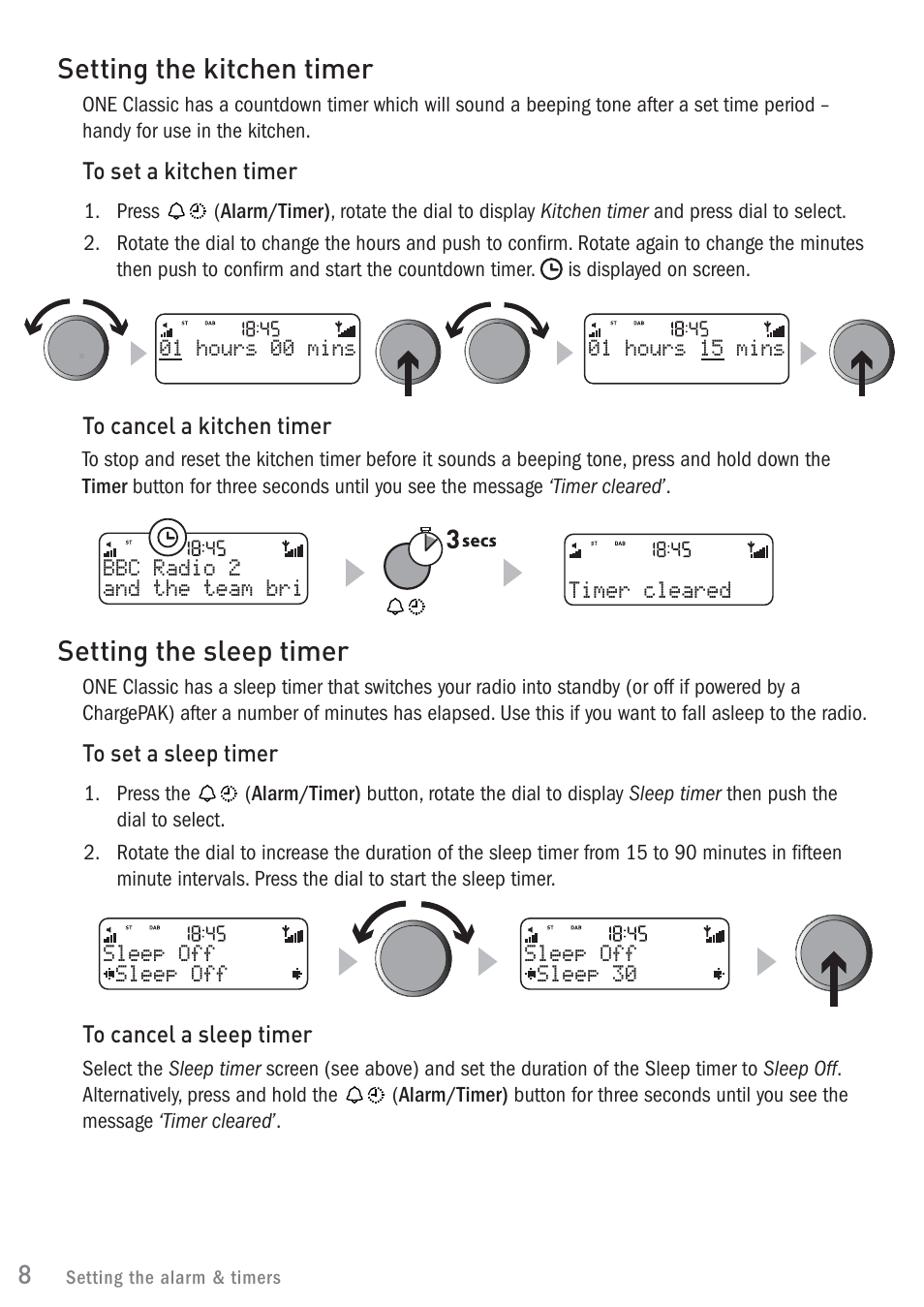 Setting the kitchen timer, Setting the sleep timer | Pure ONE Classic User Manual | Page 10 / 16