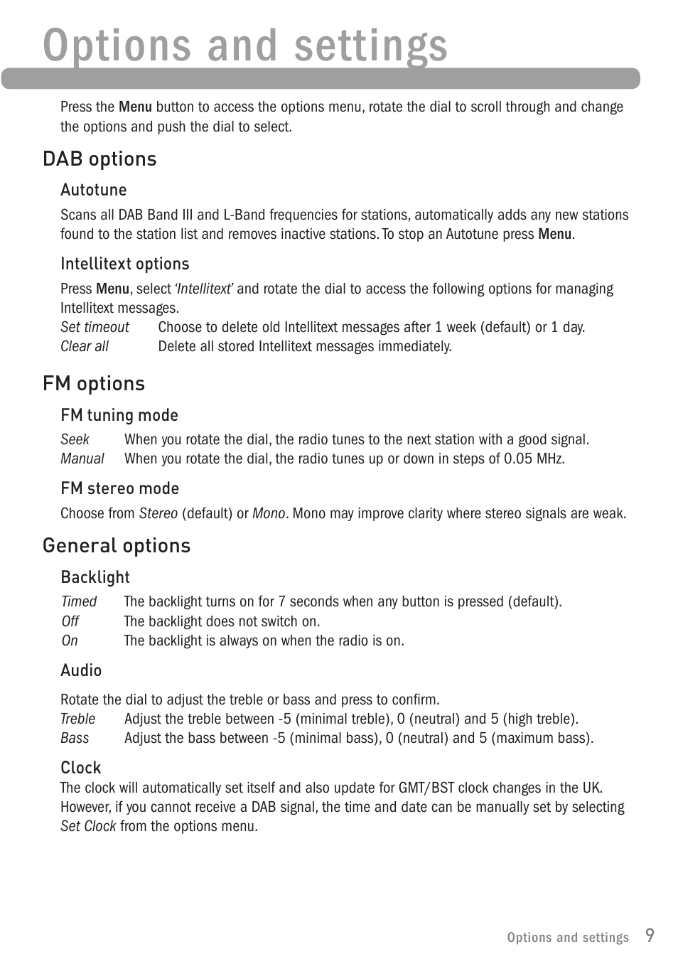 Options and settings, Dab options, Fm options | General options | Pure ONE Classic User Manual | Page 11 / 16