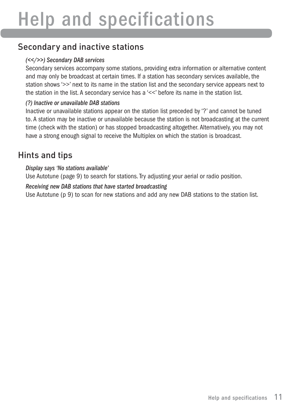 Help and specifications | Pure ONE Classic User Manual | Page 13 / 16