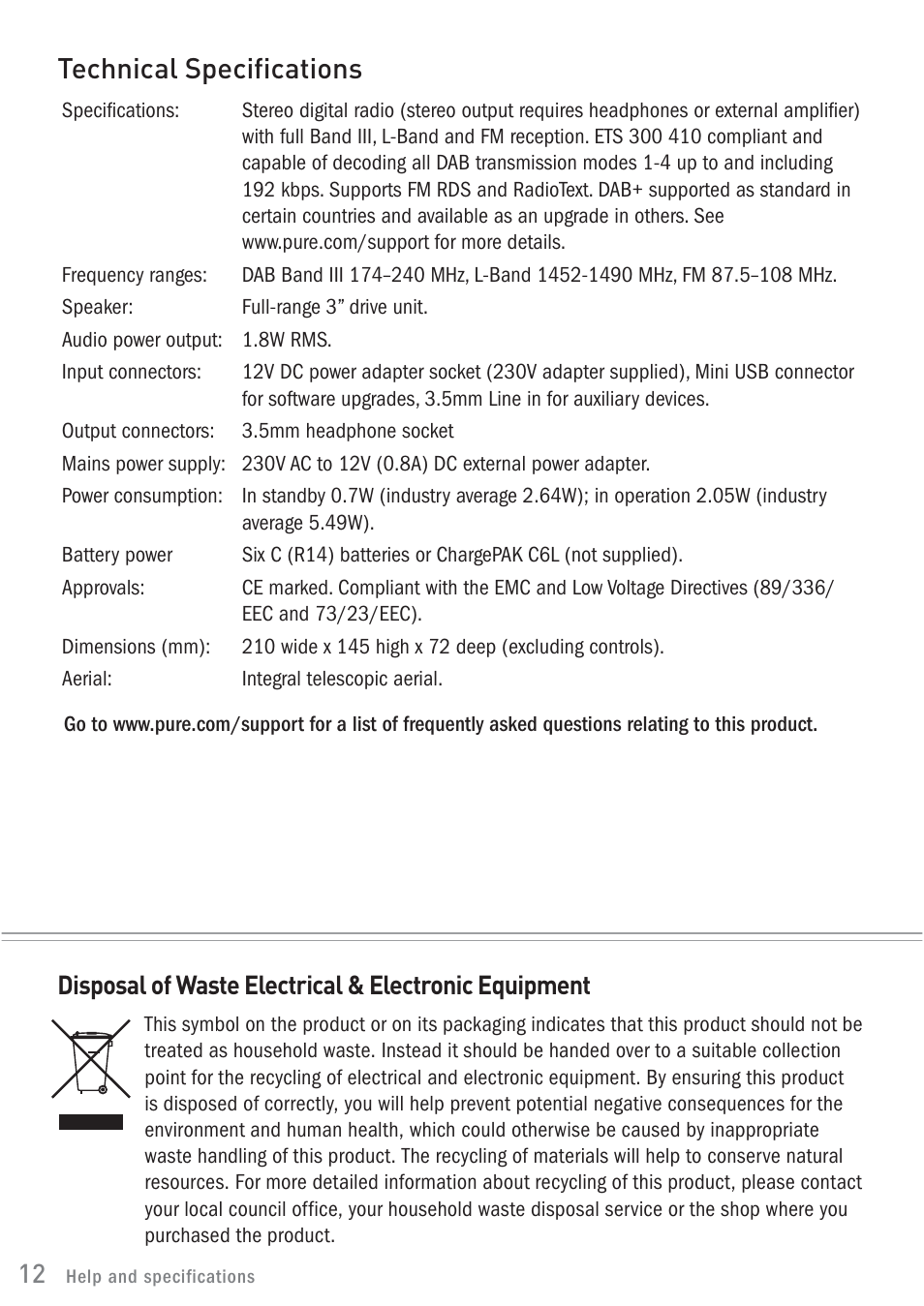 Technical specifications | Pure ONE Classic User Manual | Page 14 / 16