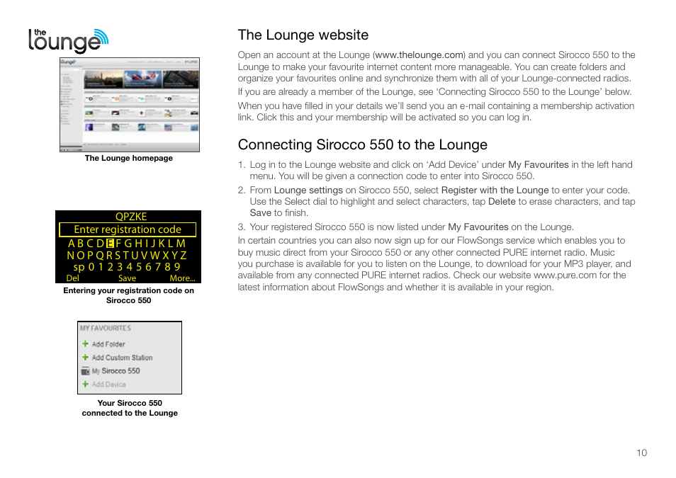 The lounge website, Connecting sirocco 550 to the lounge | Pure Sirocco 550 - User Guide User Manual | Page 10 / 23