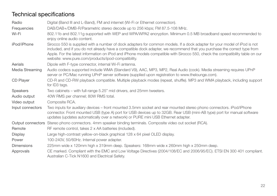 Technical specifications | Pure Sirocco 550 - User Guide User Manual | Page 22 / 23