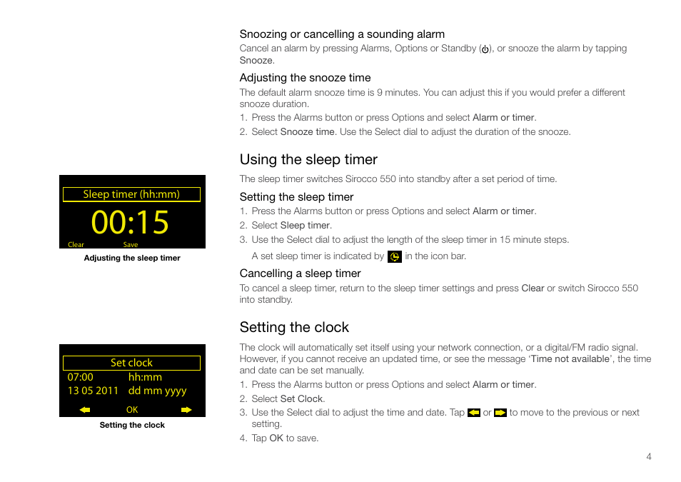 Using the sleep timer, Setting the clock, Using the sleep timer setting the clock | Pure Sirocco 550 - User Guide User Manual | Page 4 / 23