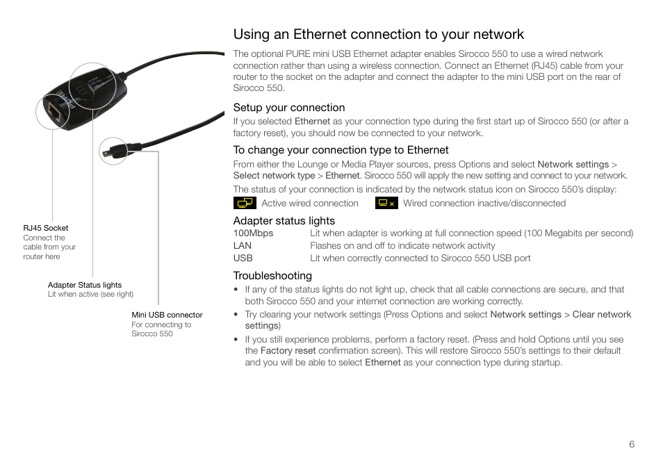Using an ethernet connection to your network | Pure Sirocco 550 - User Guide User Manual | Page 6 / 23