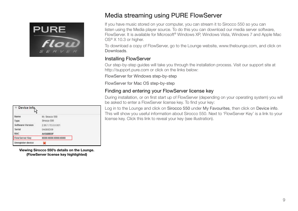 Media streaming using pure flowserver | Pure Sirocco 550 - User Guide User Manual | Page 9 / 23