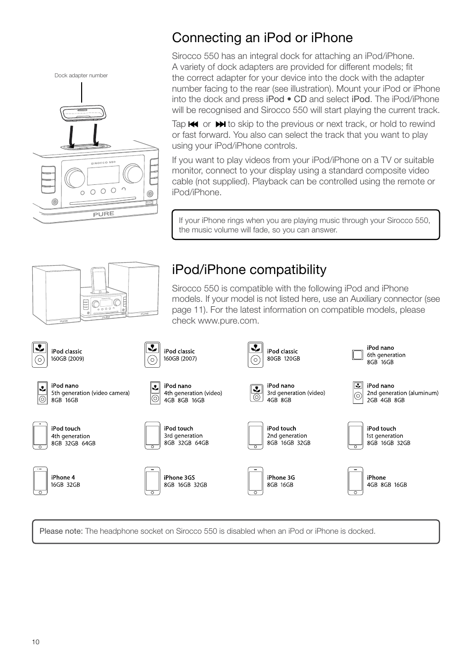 Connecting an ipod or iphone, Ipod/iphone compatibility | Pure Sirocco 550 - Quick Start Guide User Manual | Page 10 / 14