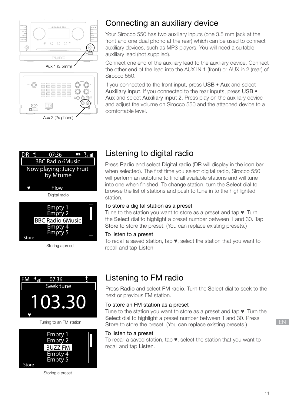 Listening to digital radio, Listening to fm radio, Connecting an auxiliary device | Pure Sirocco 550 - Quick Start Guide User Manual | Page 11 / 14