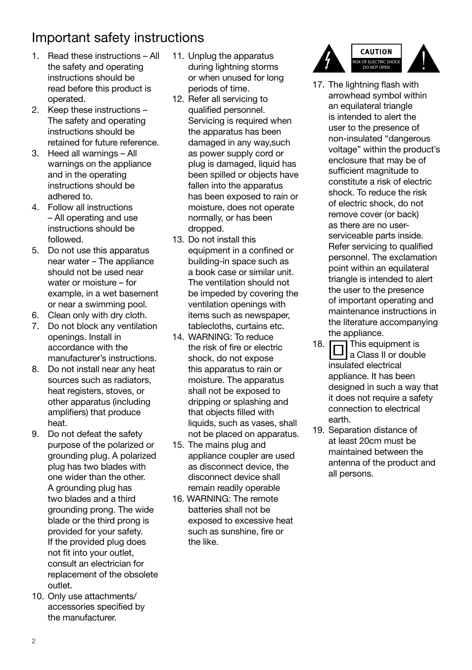 Important safety instructions | Pure Sirocco 550 - Quick Start Guide User Manual | Page 2 / 14
