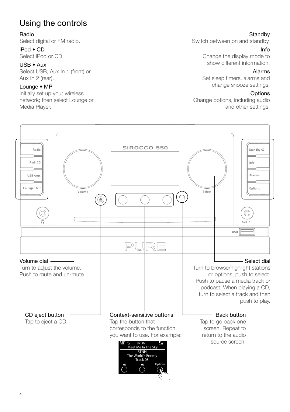 Using the controls | Pure Sirocco 550 - Quick Start Guide User Manual | Page 4 / 14