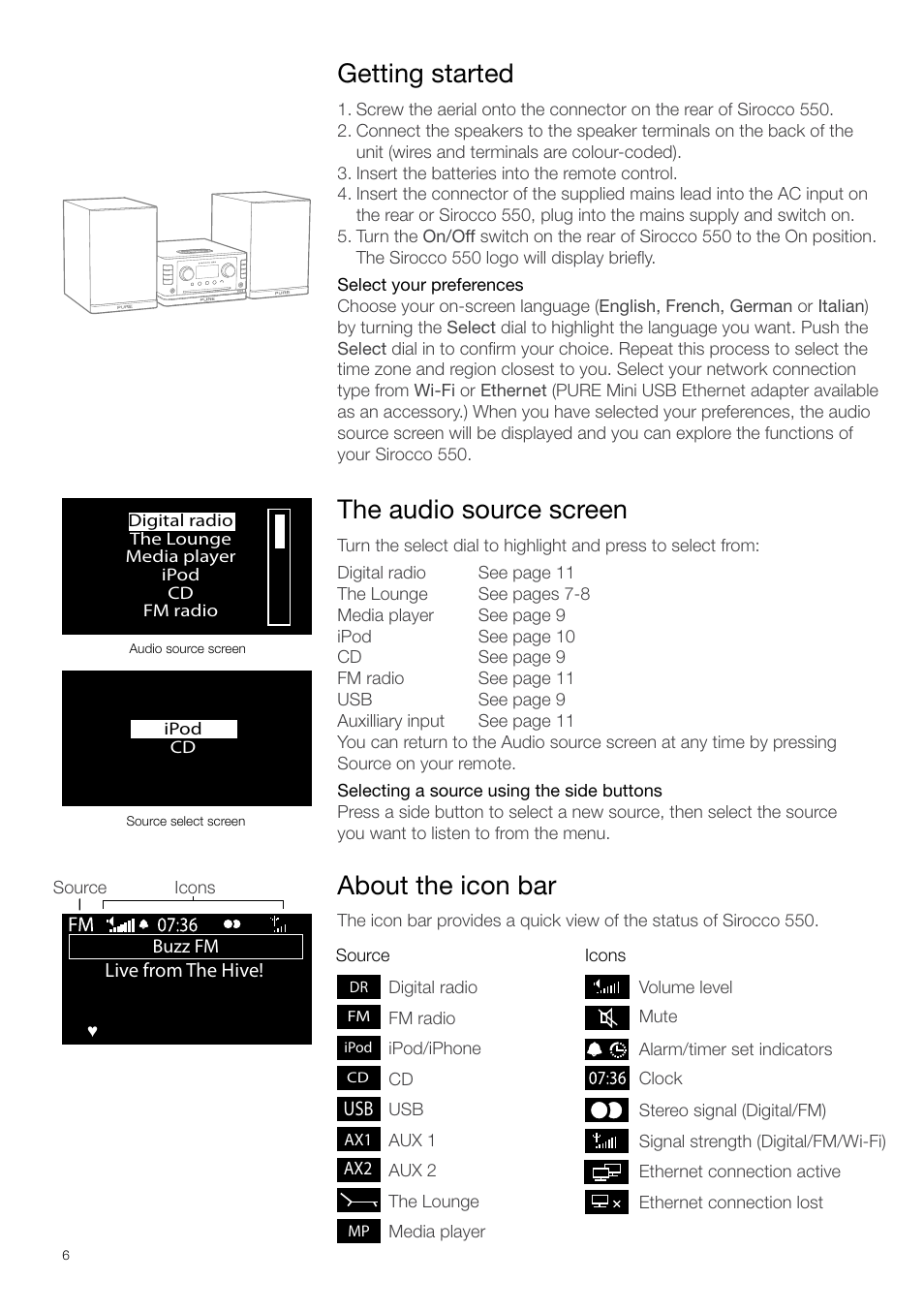 About the icon bar, Getting started, The audio source screen | Pure Sirocco 550 - Quick Start Guide User Manual | Page 6 / 14