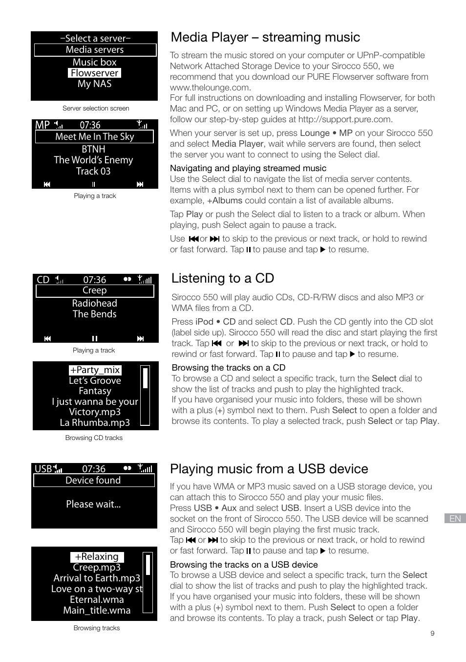 Media player – streaming music, Listening to a cd, Playing music from a usb device | Pure Sirocco 550 - Quick Start Guide User Manual | Page 9 / 14