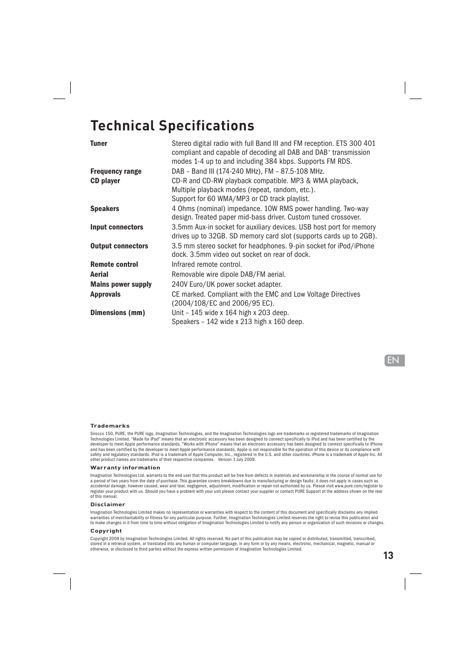 Technical specifications | Pure Sirocco 150 User Manual | Page 15 / 88