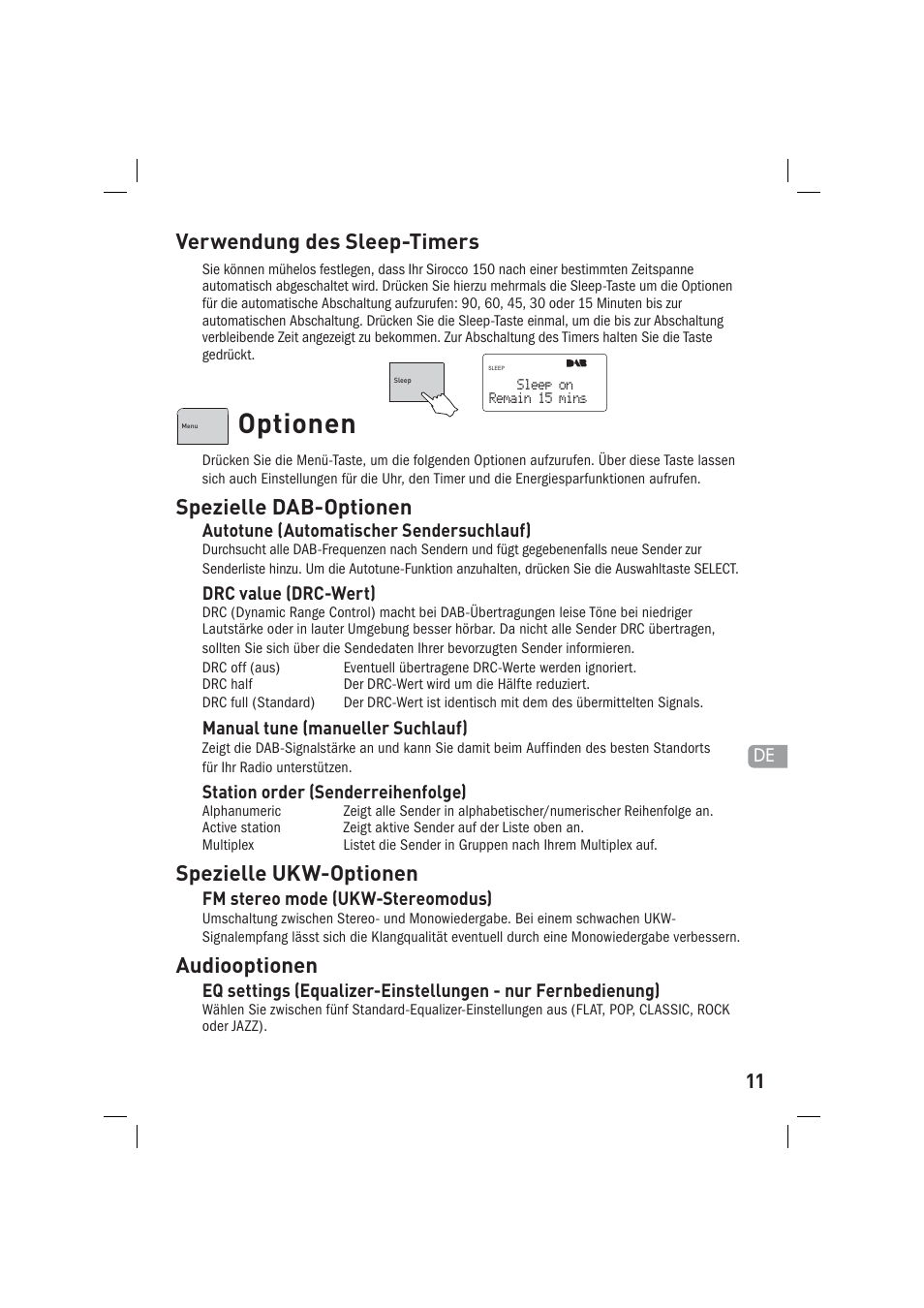 Optionen, Spezielle dab-optionen, Spezielle ukw-optionen | Audiooptionen, Verwendung des sleep-timers | Pure Sirocco 150 User Manual | Page 27 / 88