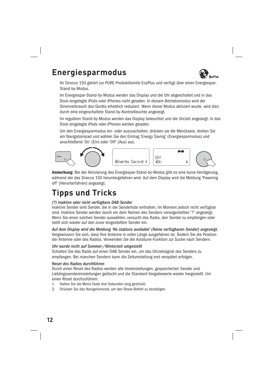 Energiesparmodus, Tipps und tricks | Pure Sirocco 150 User Manual | Page 28 / 88