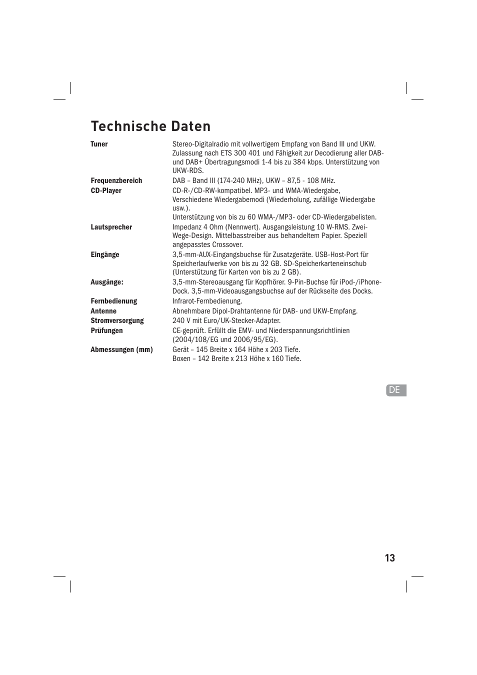 Technische daten | Pure Sirocco 150 User Manual | Page 29 / 88