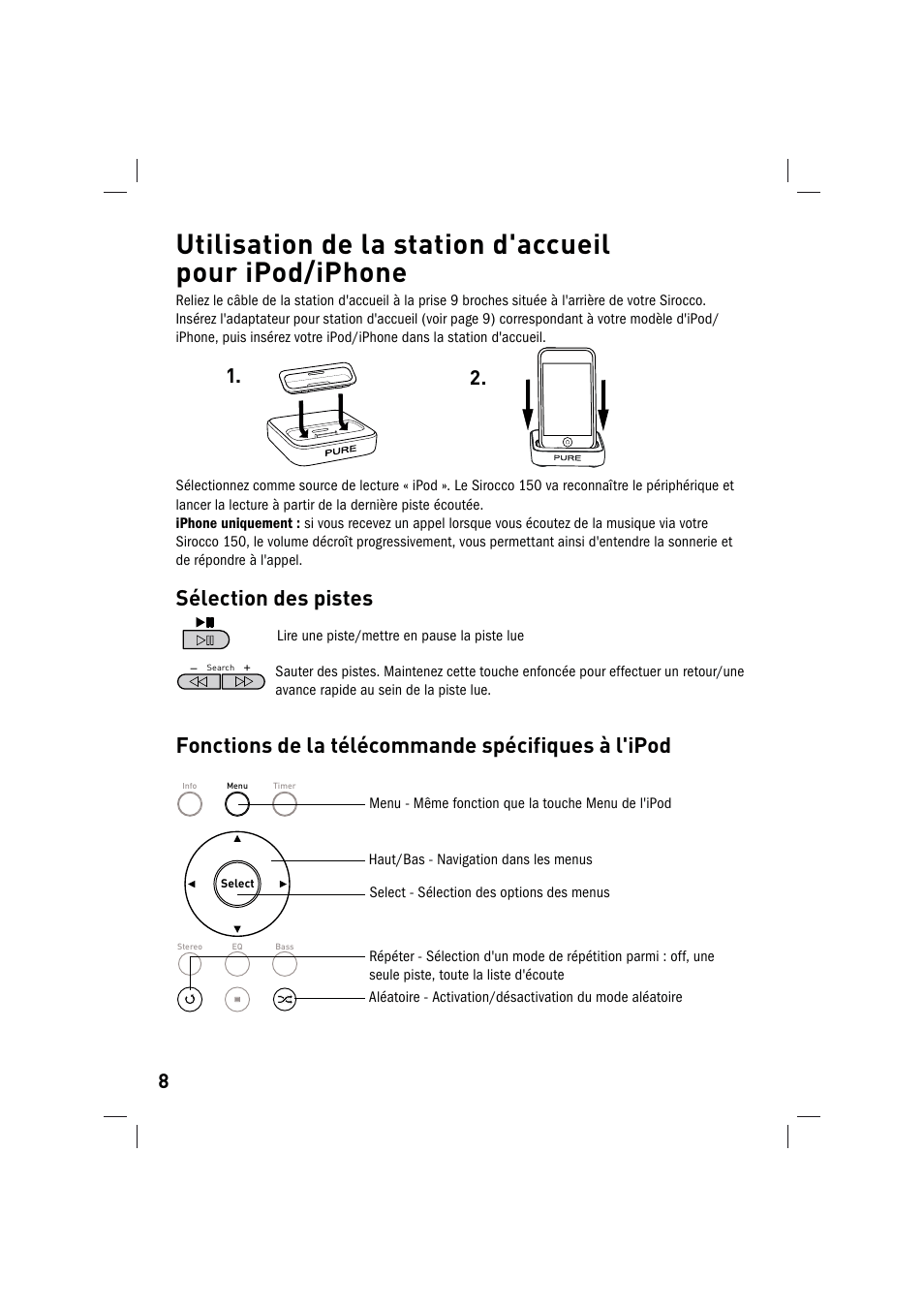 Sélection des pistes, Fonctions de la télécommande spécifiques à l'ipod | Pure Sirocco 150 User Manual | Page 38 / 88