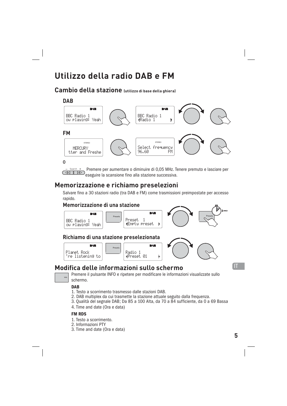 Utilizzo della radio dab e fm, Cambio della stazione, Modifica delle informazioni sullo schermo | Dab fm | Pure Sirocco 150 User Manual | Page 49 / 88