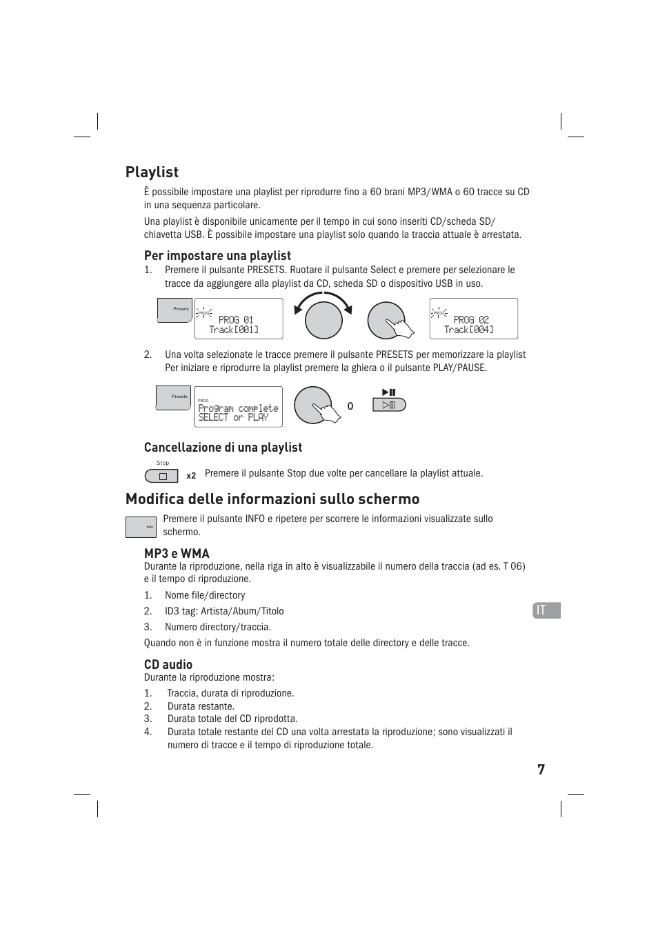 Playlist, Modifica delle informazioni sullo schermo, Per impostare una playlist | Cancellazione di una playlist, Mp3 e wma, Cd audio | Pure Sirocco 150 User Manual | Page 51 / 88