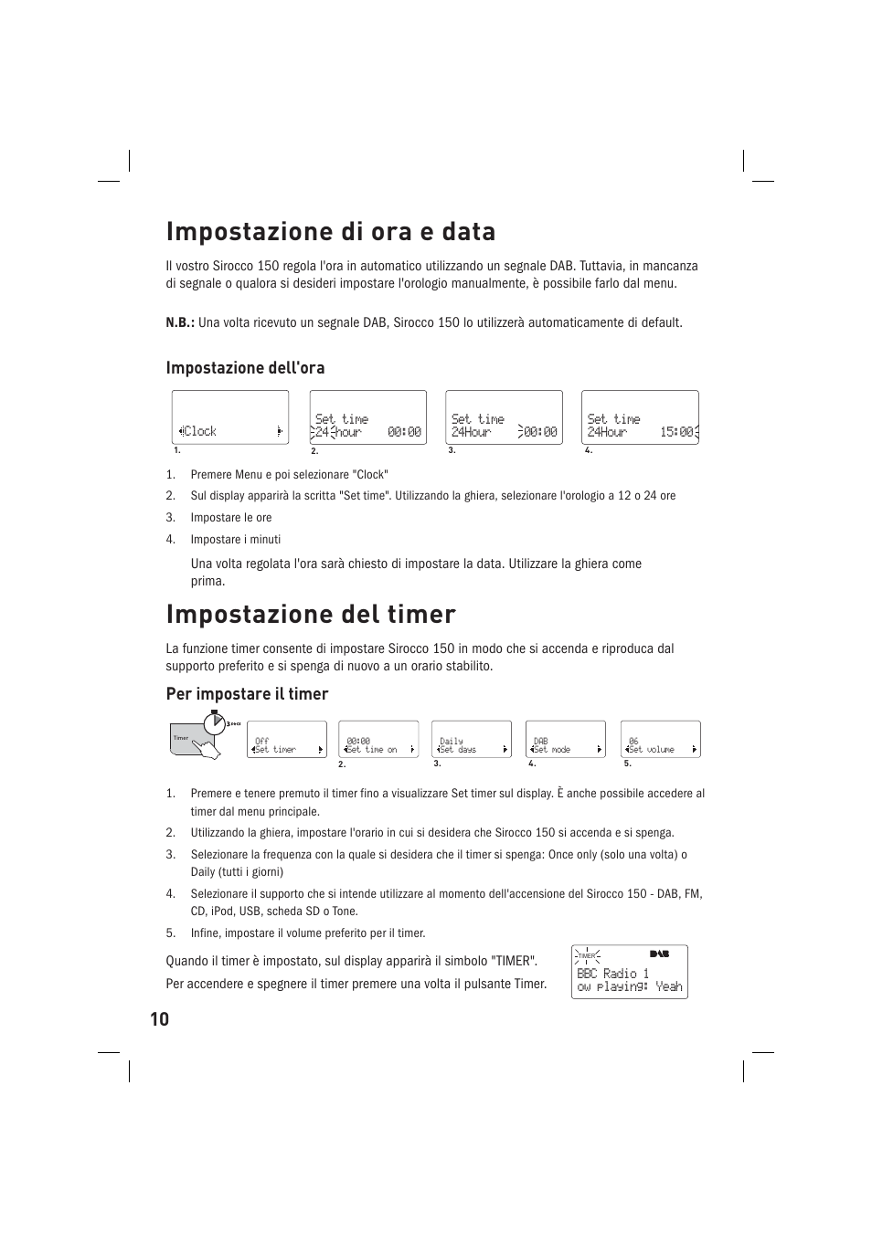 Impostazione di ora e data, Impostazione del timer, Impostazione dell'ora | Per impostare il timer | Pure Sirocco 150 User Manual | Page 54 / 88