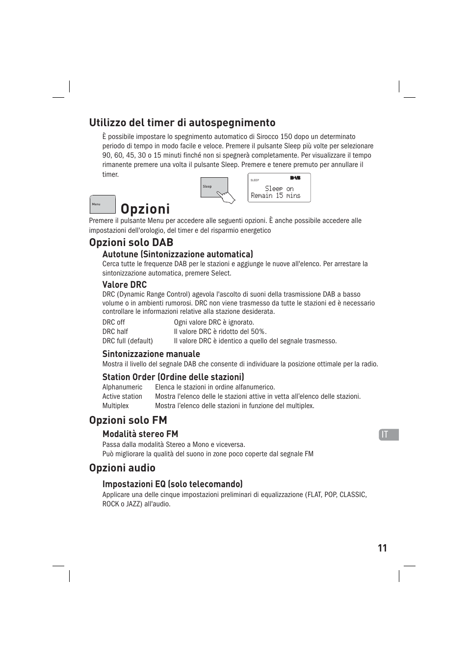 Opzioni, Opzioni solo dab, Opzioni solo fm | Opzioni audio, Utilizzo del timer di autospegnimento | Pure Sirocco 150 User Manual | Page 55 / 88