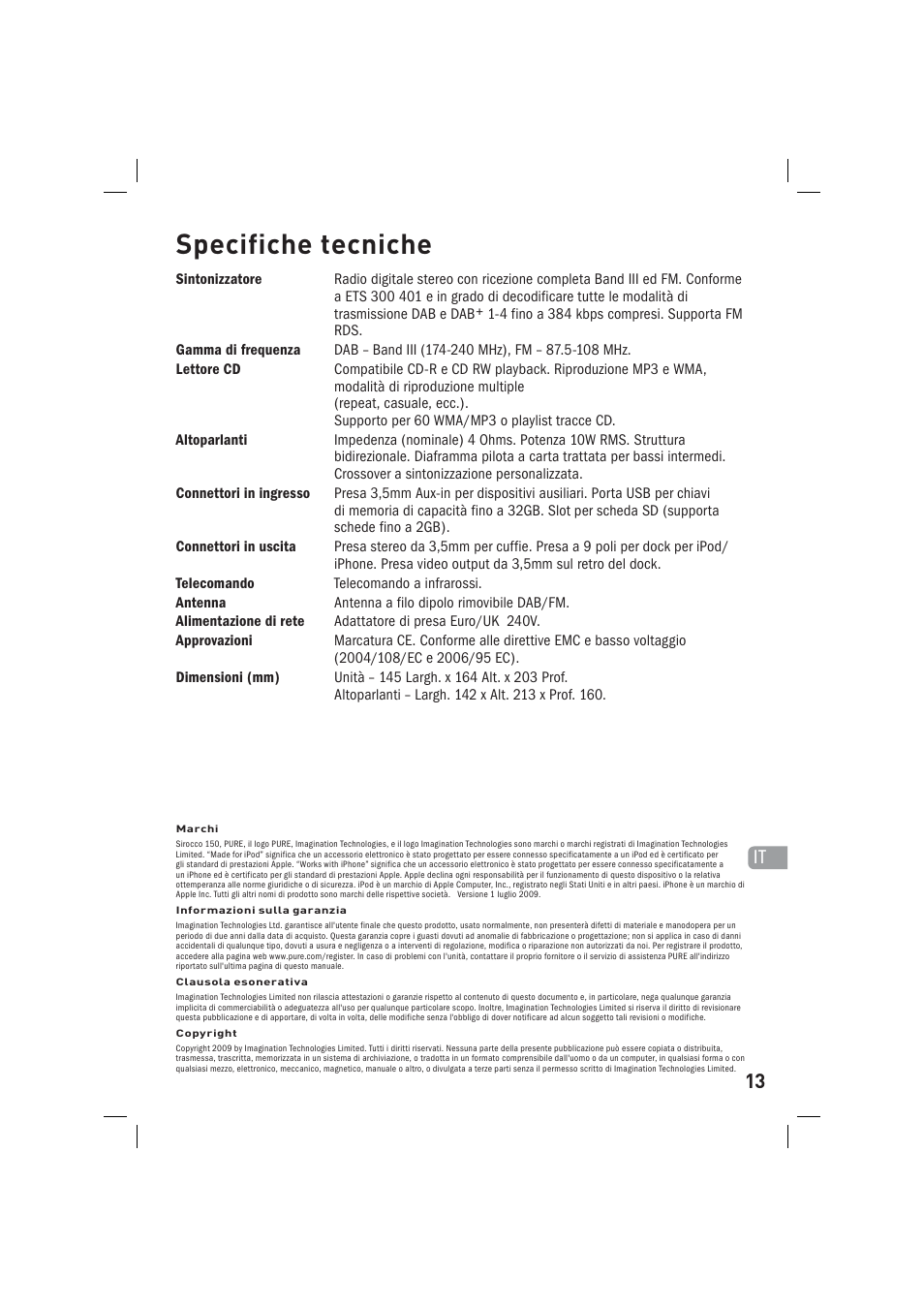 Specifiche tecniche | Pure Sirocco 150 User Manual | Page 57 / 88