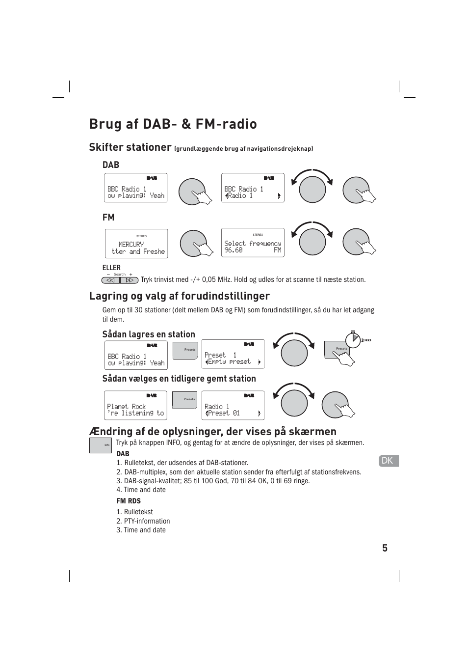 Brug af dab- & fm-radio, Skifter stationer, Lagring og valg af forudindstillinger | Ændring af de oplysninger, der vises på skærmen, Dab fm | Pure Sirocco 150 User Manual | Page 63 / 88