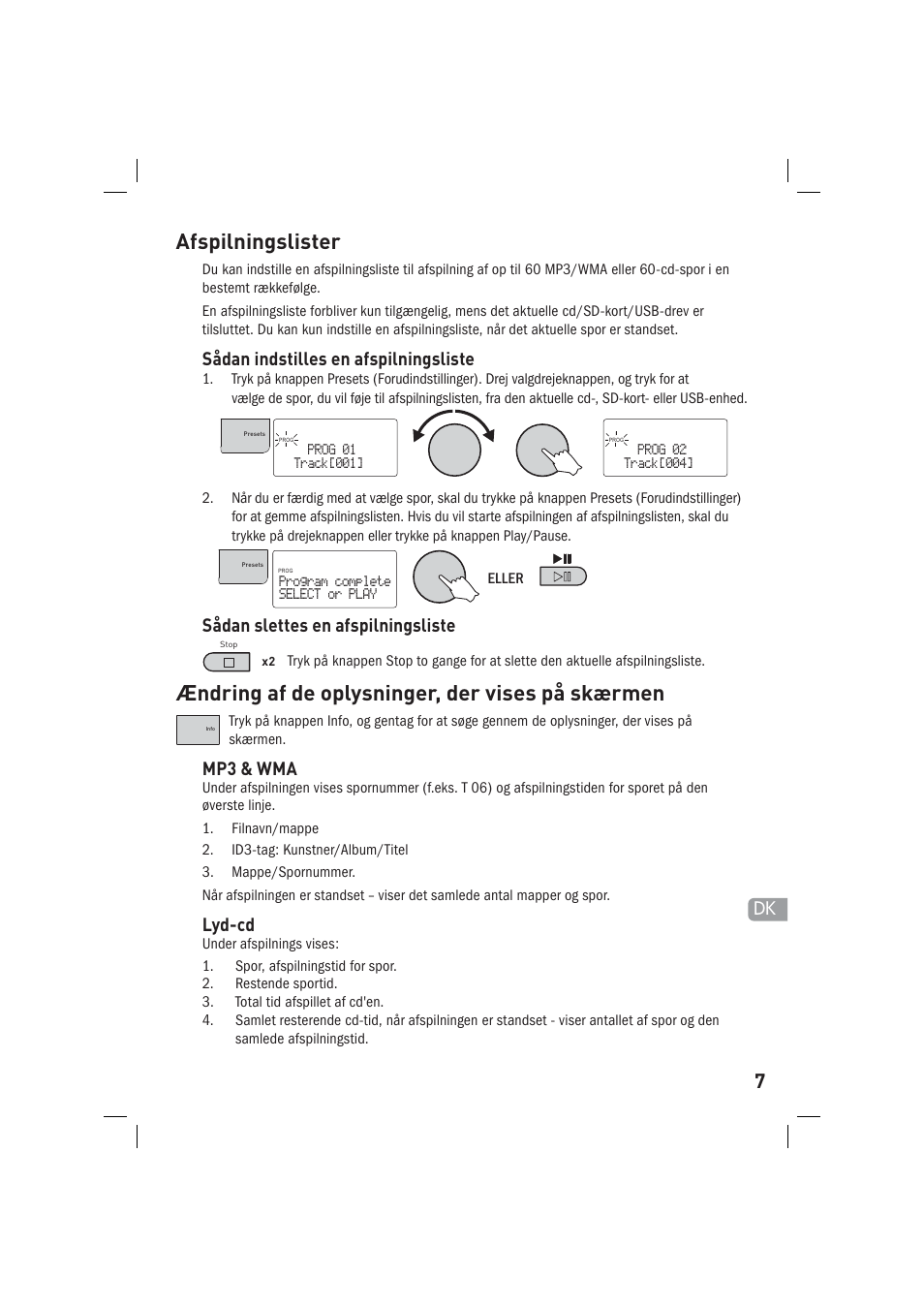 Afspilningslister, Ændring af de oplysninger, der vises på skærmen, Sådan indstilles en afspilningsliste | Sådan slettes en afspilningsliste, Mp3 & wma, Lyd-cd | Pure Sirocco 150 User Manual | Page 65 / 88