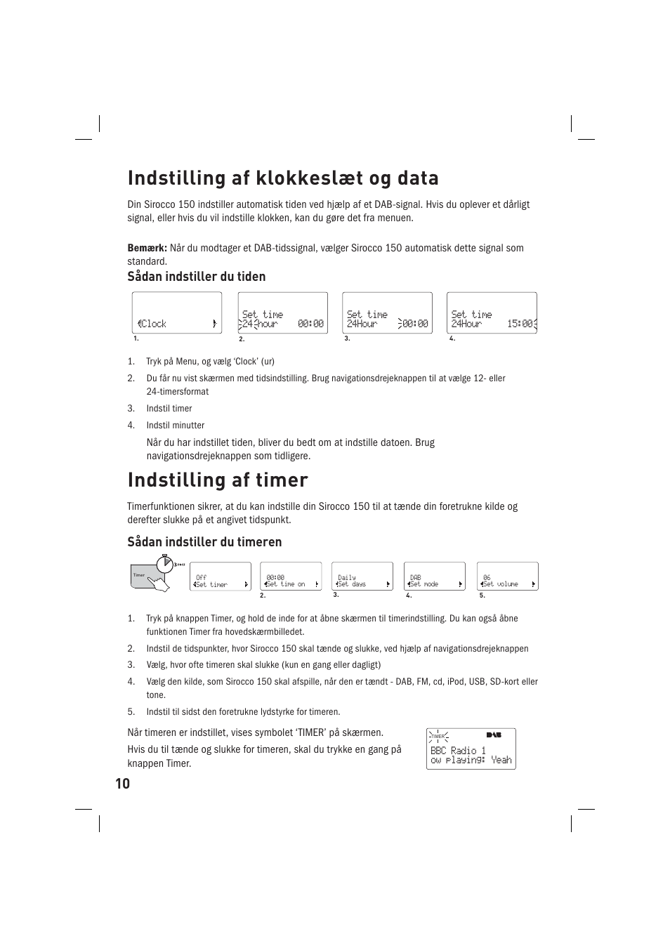 Indstilling af klokkeslæt og data, Indstilling af timer, Sådan indstiller du tiden | Sådan indstiller du timeren | Pure Sirocco 150 User Manual | Page 68 / 88