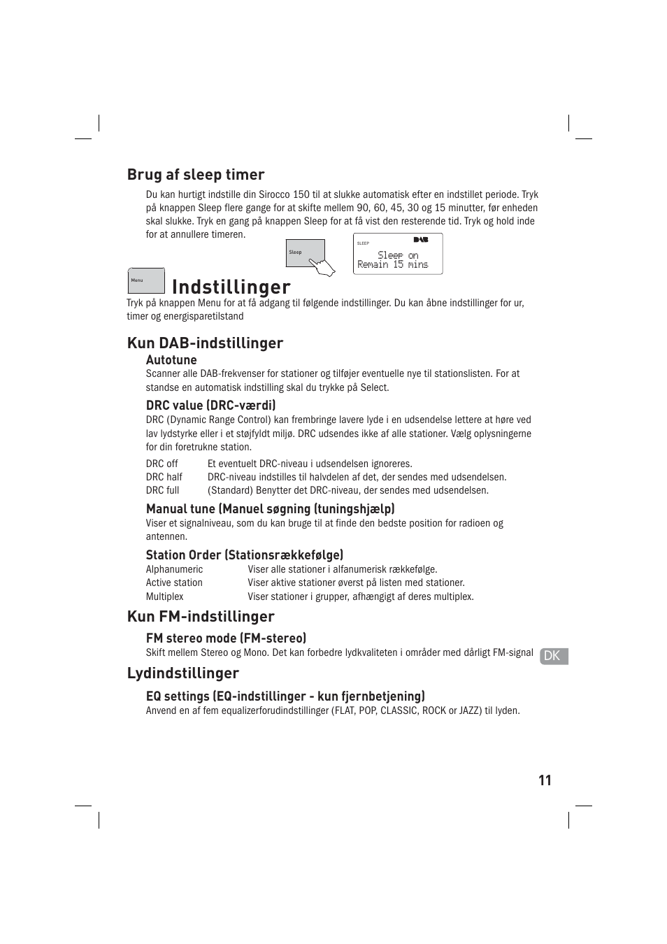 Indstillinger, Kun dab-indstillinger, Kun fm-indstillinger | Lydindstillinger, Brug af sleep timer | Pure Sirocco 150 User Manual | Page 69 / 88